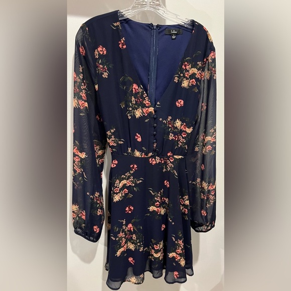 Lulus Lovely Navy Long Sheer Sleeve Floral Deep V-Neck Skater Dress Size Large - Picture 1 of 16